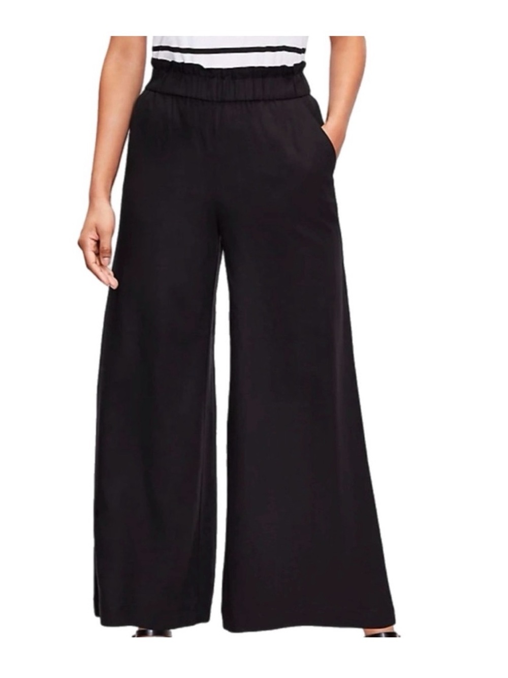 Loft Wide-Leg Linen Blend Pull-On Pants Pockets Black XS Resort Comfy Beach